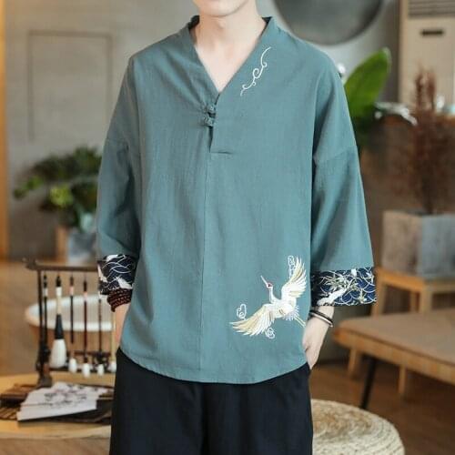 Chinese Style Button Linen T-Shirt MenS Summer Embroider Tang Suit Shirt Loose Large Size T-Shirt Japanese Kimono Men New 30008