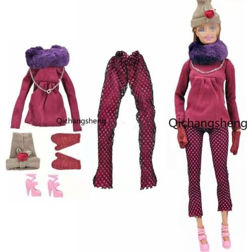 Fashion 1/6 BJD Clothes For Barbie Doll Clothes Winter Outfits Long Sleeve Shirt Pants Hat Gloves Shoes Kids Playhouse Accessory
