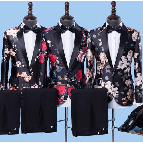 Flower Print Men Suits for Wedding Mens Blazer Suits 3 Piece Blazer+Pant+Bow Tie Floral Fashion Men Suit Set Stage Costume Homme