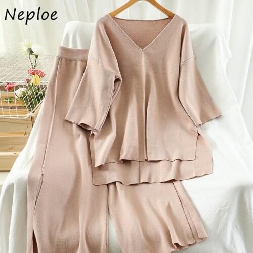 Neploe 2021 Sweet Suit V-neck Solid Color Split Knitted Pullovers + Straight Stretch Waist Wide Leg Pants 2 Piece Set Women