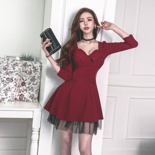New arrival fashion spring mini party dress women OL temperament sweet low-cut v-neck bow mesh stitching high-waist a-line dress