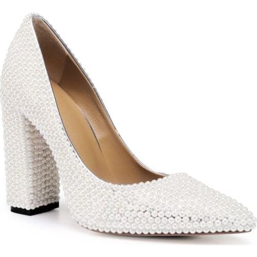 Thick Heel Pumps High Heels Women Pointed Toe Pearl Lady Shoes Fashion White Shallow Wedding Shoes Handmade Bridesmaid Shoes