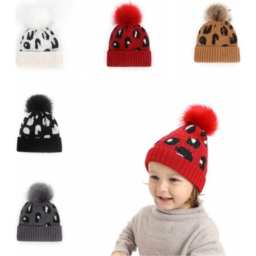 Newborn Infant Leopard Print Caps with Pompom Ball Fashion Handmade Knitted Wool Hats Toddler Bonnet Baby Girls Hair Accessories