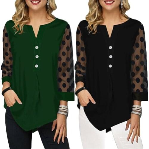 Chic Women V Neck Polka Dot Print 3/4 Mesh Sleeve Irregular Hem T-shirt Top