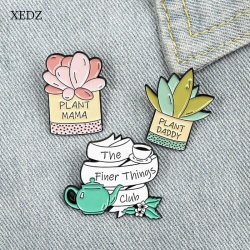 XEDZ Cartoon Cute Succulents Potted Enamel Brooch Fashion Childrens Teapot Ribbon Coffee Clothing Decoration Badge Gift