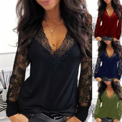 Casual V-neck Lace Long Sleeve T-shirt for Women Spring Winter Clothes Y2K Sexy Solid Color Black Tee Shirt Office Lady Top