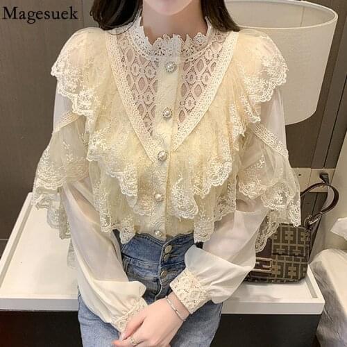 Elegant Lace Stitching Ruffle Blouse Women Long Sleeve Stand Collar Chiffon Shirts Fashion Casual Hollow Blouse Top Blusas 16902