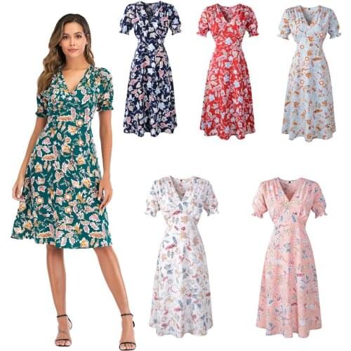 2021 Casual Elastic Waist Boho Beach Dress Women Summer Dress Plus Size Floral Print Vintage Chiffon Midi Dress Vestido de Festa