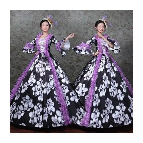 100%real masquerade purple flower print court medieval dress renaissance Gown queen Victorian /Marie/ Belle Ball/drama/ball gown