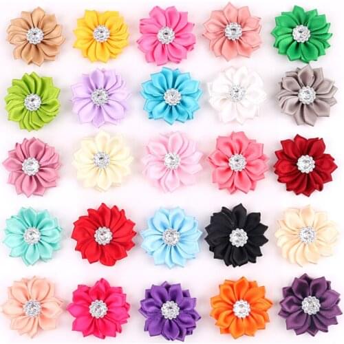 1.6" 20pcs/lot 16 Petaled Rosette Satin Ribbon Flowers With Acrylic Button Used for Diy Headband Clips Hair Accessories