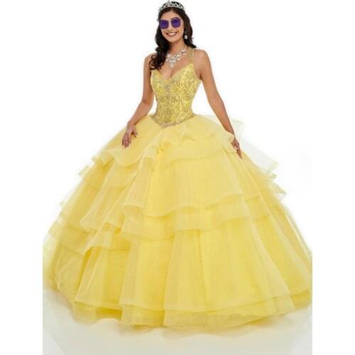 Luxury Appliques Beading Organza Ball Gown Quinceanera Dresses 2021 Yellow Prom Party Dress Vestidos De 15 Anos Keyhole Back