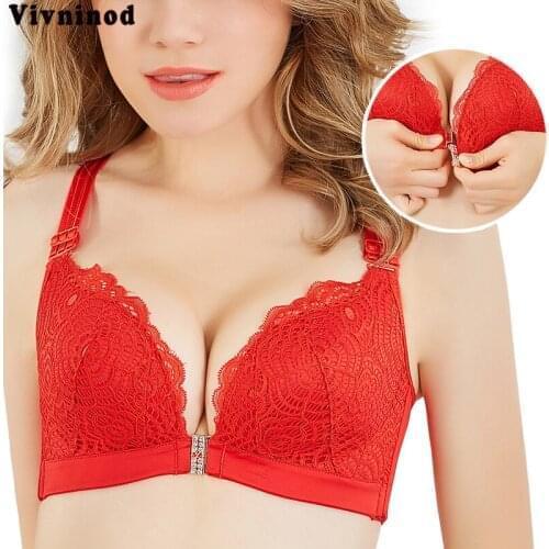 Wireless Front Closure Bras for PLus Size Women Mulit Way Lace Underwear Deep V Plunge Bra embroidery Wireless push up bra 115E