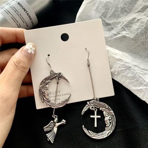 Retro Moon Cupid Angel Cross Combination Long Earrings