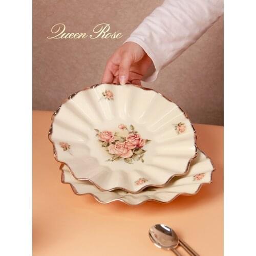 Ceramic fish plate deep plate gilt edged tableware bowl Rose printing