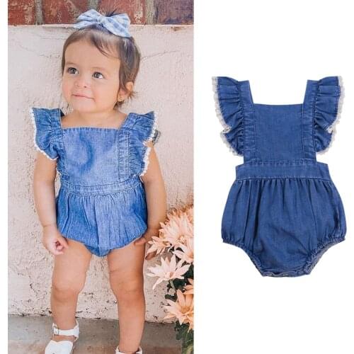 FOCUSNORM Lovely Summer Baby Girls Boys Rompers Blue Denim Lace Ruffles Short Sleeve Backless Belt Jumpsuits 0-24M