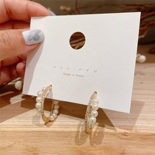 Korean Simulated Pearl Hoop Earrings for Women Gold Color Alloy Chain Circle Shiny Rhinestone Statement Earrings Wedding Jewelry