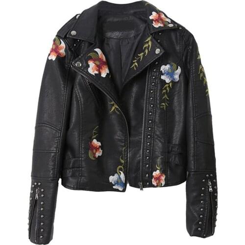 2021 New Women Floral Print Embroidery Faux Soft Leather Jacket Coat Turn-down Collar Casual Pu Motorcycle Black Punk Outerwear