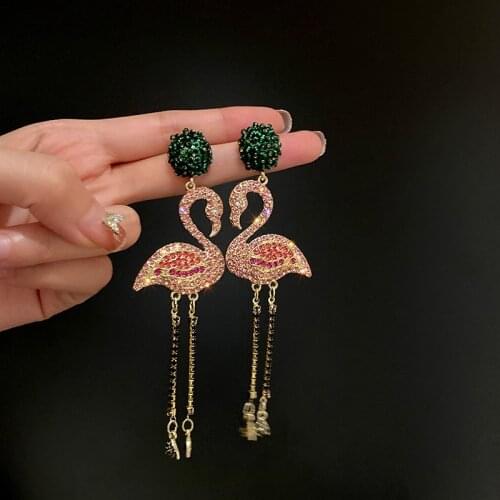 Cute Sweet Fashion Flamingo Animal Stud Colorful Bohemia Glass Paved Jewelry Gift
