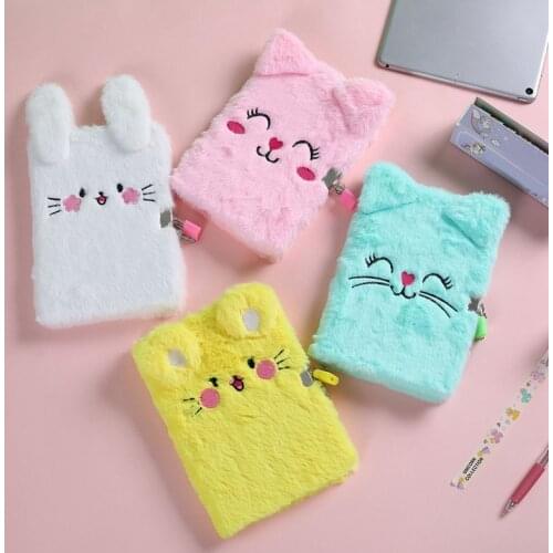 Cute Pink Kitten Furry Notebook Kawaii Cartoon Cat Plush Student Notebooks Girls Daily Journal Book Note Pad Stationery Gifts