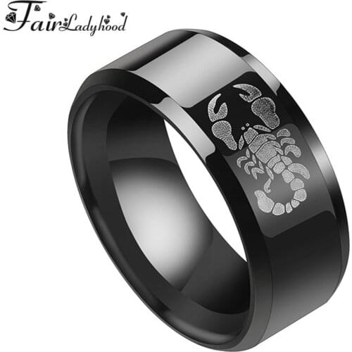 FairLadyHood High Quality 8mm 316L Stainless Steel Scorpion Rings For Men Punk Black Finger Rings Gothic Polished Wedding Bands