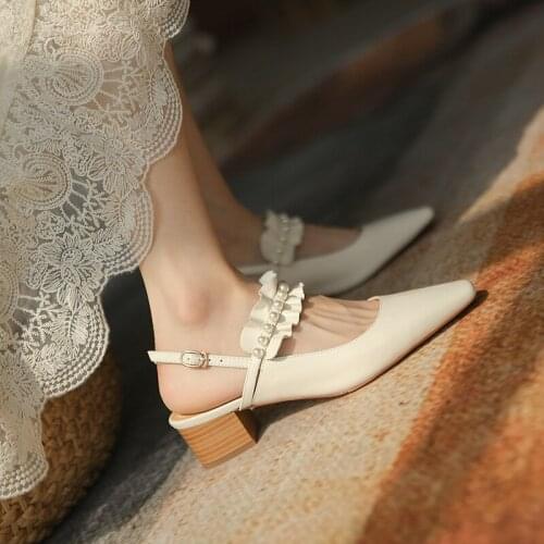 Osunlina 2021 New Pumps Square Toe Heels Pearl Decoration Buckle Strap Genuine Leather Elegant Sweet Lady Shoes Handmade