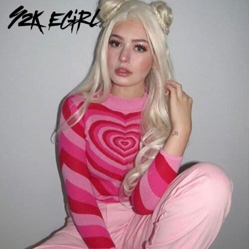 Y2K EGIRL Harajuku Heart Pattern Striped Hot Pink Pullovers Sweet Turtleneck Long Sleeve Sweaters Streetwear 90s Outfits Autumn
