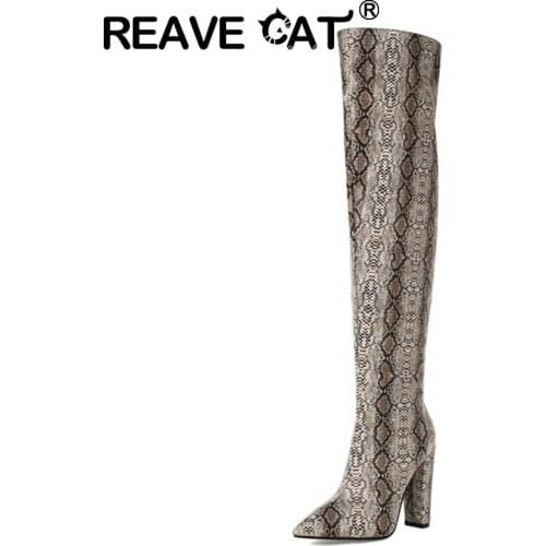 REAVE CAT 2021 Ladies Over The Knee Boots Sexy Party Slip On Novelty Pointed Toe Snake Print Block Heel Size 34-43 Beige A4497