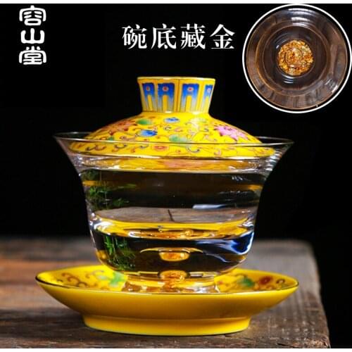 RongShan hall beauty ceramic colored enamel glass tureen large cups upset three to make tea bowl of household