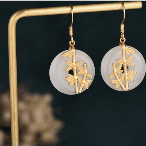 Inlaid Hetian White Jade Gilt Bamboo Leaf Earrings Trend for Women Peaceful Retro Chinese Style Elegant Ladies Brand Jewelry M4