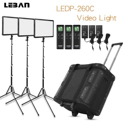 Godox 3X LEDP-260C 300-5600K LED Video Light Continuous Lighting with 3X Light Stand + Roller Carry Bag Video Studio Lights Kit