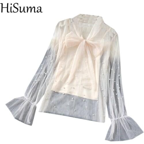 HISUMA Spring Autumn Women Flare Sleeve Pearl Bead Ruffle Lace Shirt Lady Elastic Slim Waist Bandage Lace Up Party Blouse Tops