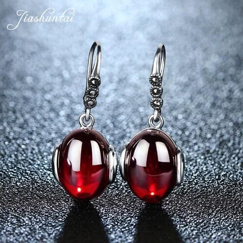 JIASHUNTAI Retro 100% 925 Sterling Silver Earrings For Women Vintage Natural Chalcedony Garnet Drop Earrings Jewelry Female