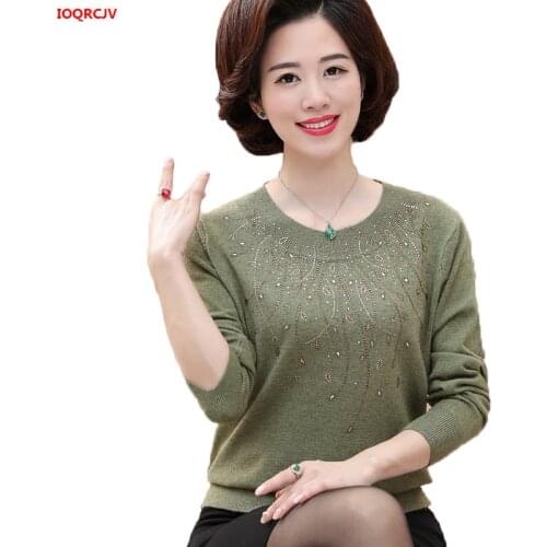 Women Spring Thin Sweater And Pullover Middle-aged Mother O-Neck Diamond Knitting Sweater Female Large Size Knitwear Shirt W1768