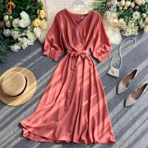 Summer 2020 Women Dress Solid V-Neck Half Sleeve Bandage Dress Vestidos Chic Elegant A Line High Waist Midi Long Dress