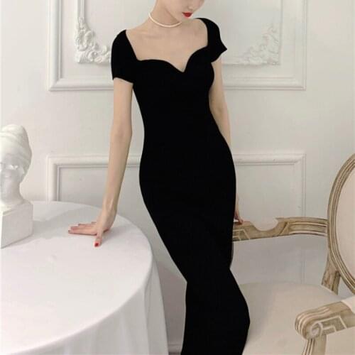 French Temperament Square Collar Short Sleeve Femme Robe Slim Stretch Knitted Elegant Midi Dress Summer Chic Solid Vestidos