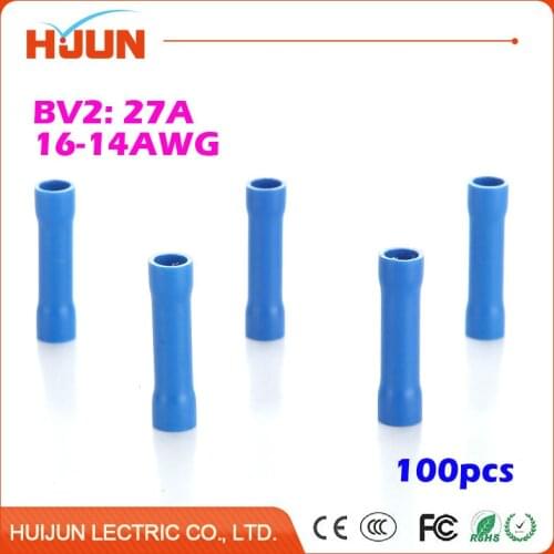 100pcs/lot BV2 Blue Butt Splice Connector Seam Type Cable Wire Joiner Fully Insulation Crimp Terminal for 1.5-2.5mm2,16-14AWG
