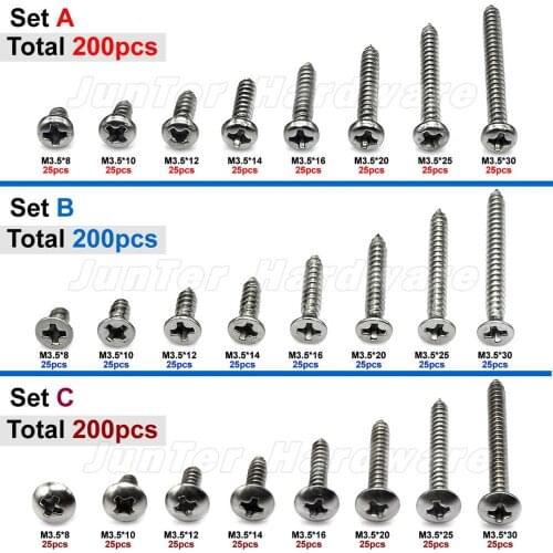 200pcs M3.5(3.5mm) A2 Stainless Steel Phillips Pan Flat Truss Head Self Tapping Screws Assortment