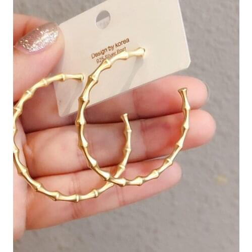 925 Sterling Silver Bamboo Matte Gold Color Large Hoop Earrings for Women Party Jewelry Best Friend Gift Wholesale S-E1252