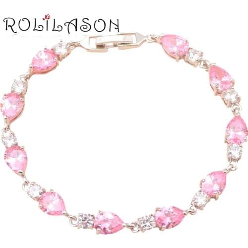 ROLILASON Romantic Water drop shaped Light Pink Zircon elegant bracelets Silver Health Fashion jewelry gift for girlfriend TB455