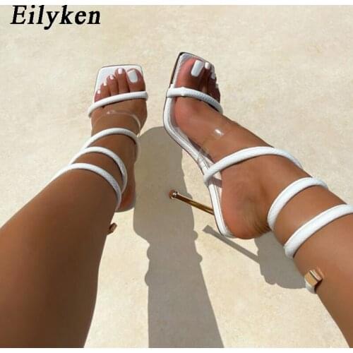 Eilyken PVC Transparent SquareToe Metal Plating Stiletto Ladies Sandals Strange Design Snake Shape Winding Gladiator Sexy Shoes