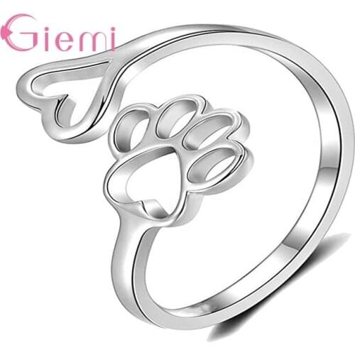 Best Selling Dog Cat Footprints Women Men Boy Girl Unisex Opening Adjustable Finger Ring 925 Sterling Silver Jewelry 3 Colors