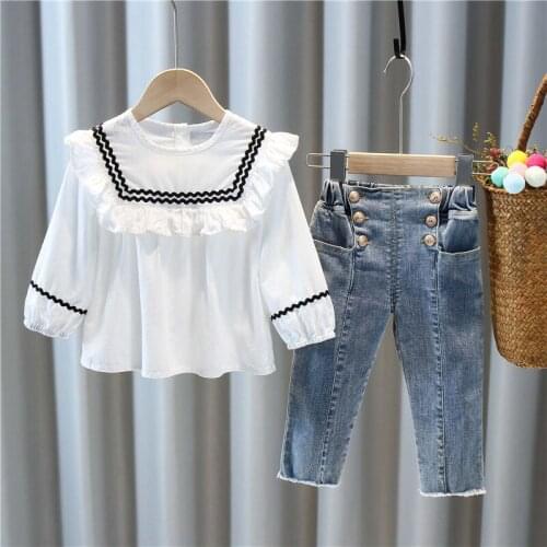 Girls' Suit 2021 Autumn New Cute Wood Ear Edge Turn-down Collar Top Solid Color Jeans Suit Childrens Casual Two Piece Set