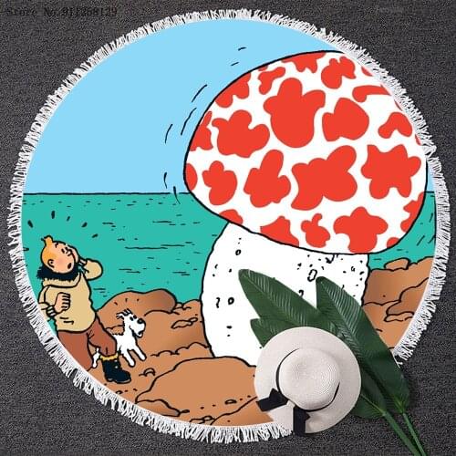 The Adventure Of TinTin Round Tassels Beach Towel Animation Cartoon Throw Blanket Yoga Matt Swim Cover Cloth Round Beach Towel