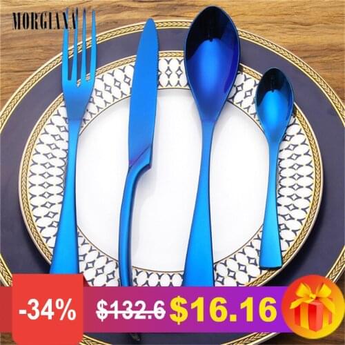MORGIANA 4PCS/Set Blue Dinnerware Set Gifts Mirror Polishing 18/10 Stainless Steel Fork Knife Scoops Silverware Set Cutlery Set