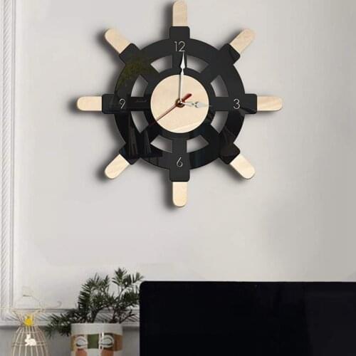Nautical Wood Wall Clock Creative Rudder Nordic Style Silent Transparent Acrylic Clock Sailboat Steering Wheel Helm Decoration f