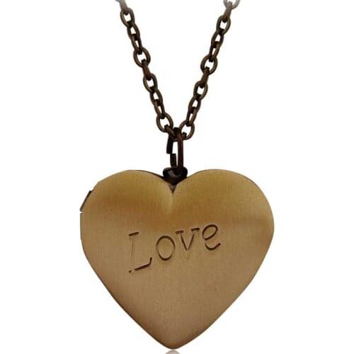 Vintage Style Antiqued Brass Photo Picture Love Heart Locket Pendant Necklace Valentine Heart-shaped "Love"Jewelry Keepsake Gift
