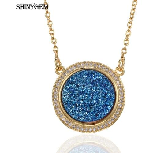 ShinyGem Simple Natural Crystal Necklace Pure Gold Base Inlaid Big Druzy Pendant Necklace Solid Round Crystal Necklace For Women