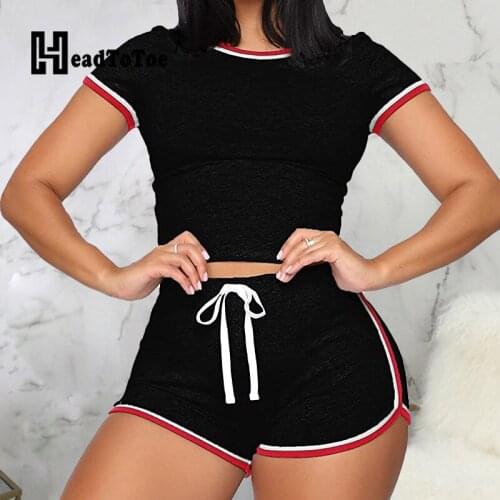 Solid Drawstring Casual Sporty Basic 2 Piece Set Women Short Sleeve Round Neck Slim Two Piece Outfits Woman