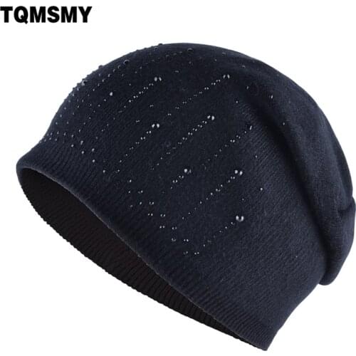 Casual knitting rabbit wool beanies women skullies winter hats for girls flashing diamonds bone double layer gorros womens cap