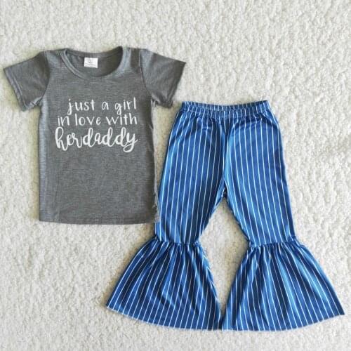 RTS Daddy design kids clothes fashion short sleeve tee shirt top bell bottom pants baby girls 2pcs outfits clothing sets styles